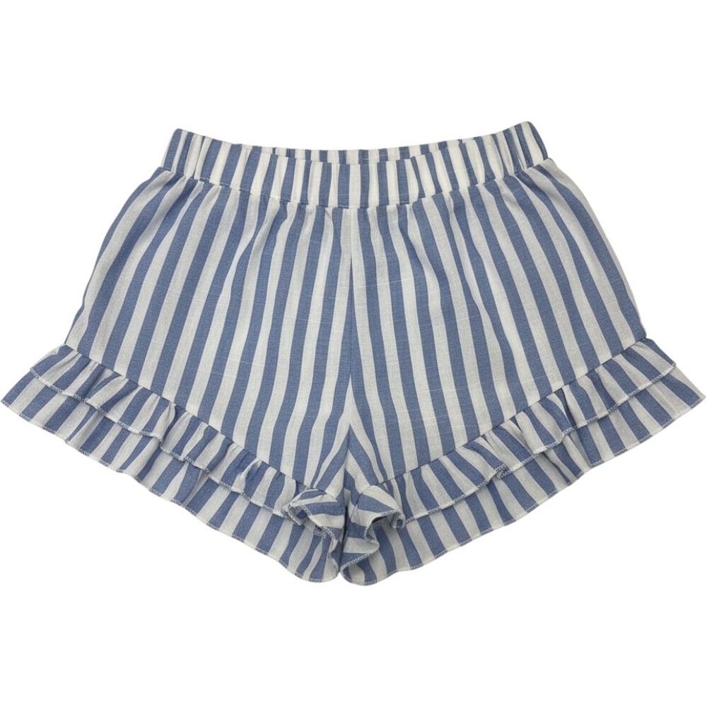 Blue and White Striped Ruffle Hem Elastic Waist Summer Shorts Small